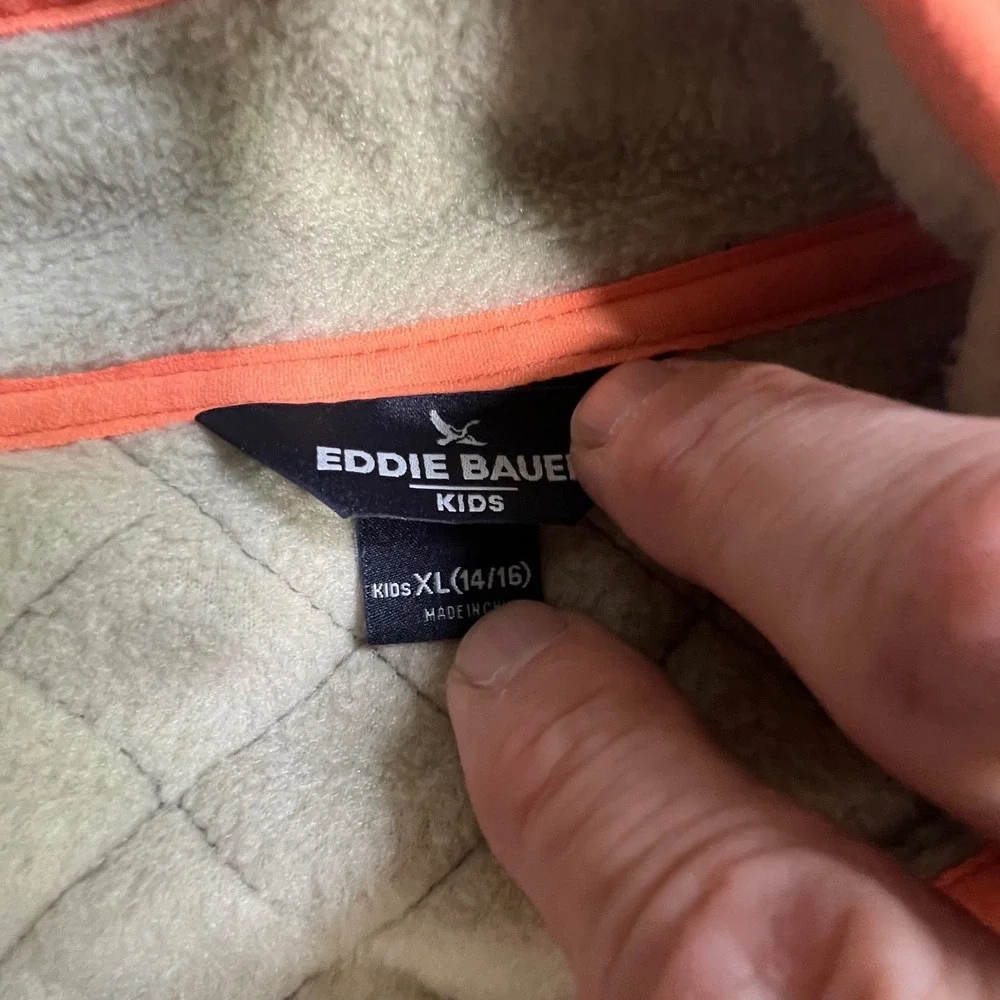 Eddie Bauer Fleece Jacket Kids XL 14/16 Beige Gray Quilted Full Zip Outdoor